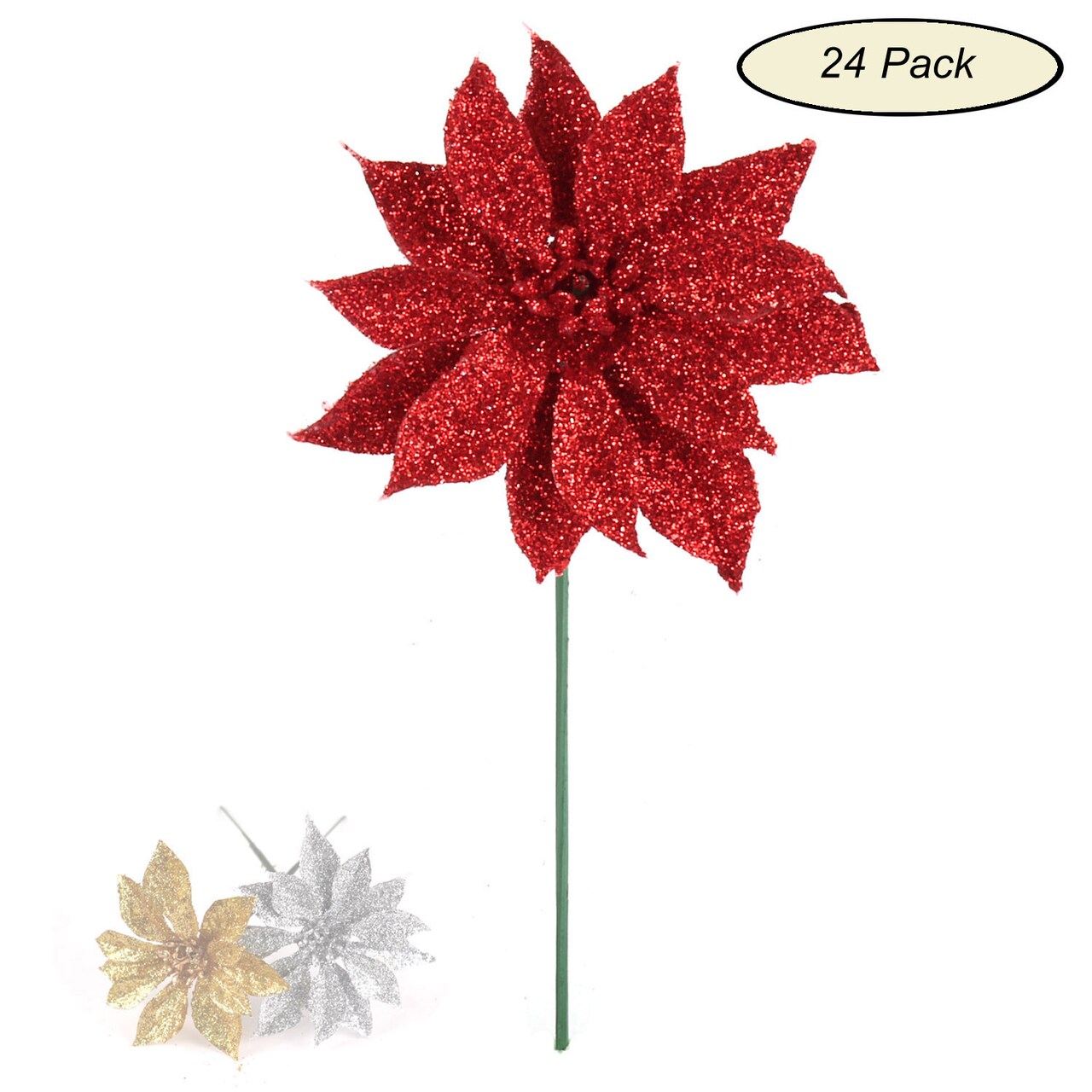 Set of 24: Sparkling Red Glitter Poinsettia Flower Picks | 3" Wide | Festive Holiday Accents | Trees, Wreaths, & Garlands | Christmas Picks | Home & Office Decor - 2024 Christmas Collection, Floral Home by Artificial Flowers